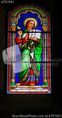 Image of Stained Glass window in St. Louis french hospital, Jerusalem, depicting Saint John the Evangelist