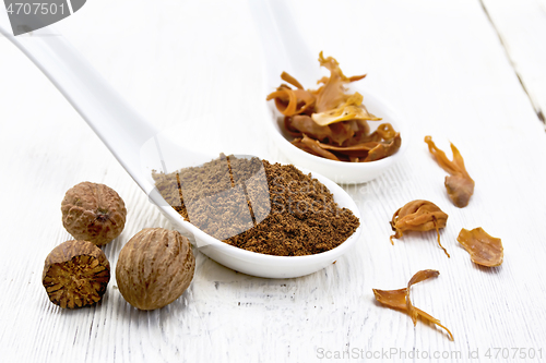 Image of Nutmeg round and mace in spoons on light board