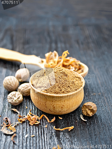 Image of Nutmeg round in bowl and spoon with mace on board