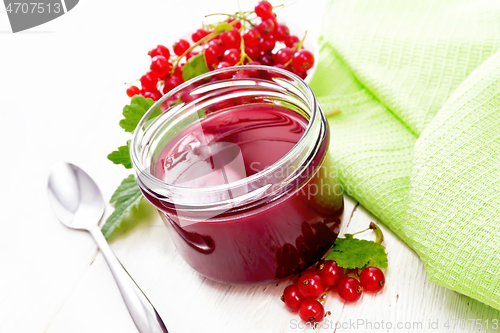 Image of Jam of red currant in jar on light wooden board