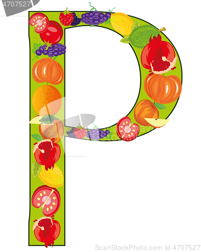 Image of Letter P english from fruit on white background is insulated