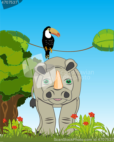 Image of Wildlife rhinoceros and bird toucan on nature