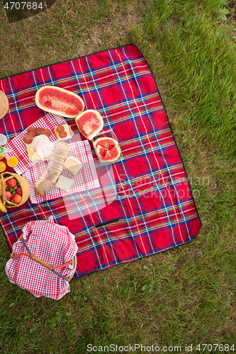 Image of top view of picnic blanket setting on the grass