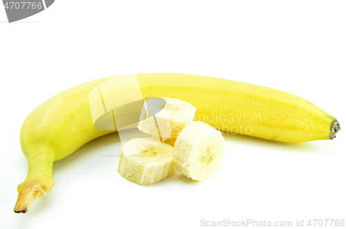 Image of Ripe yellow banana with sliced bananas