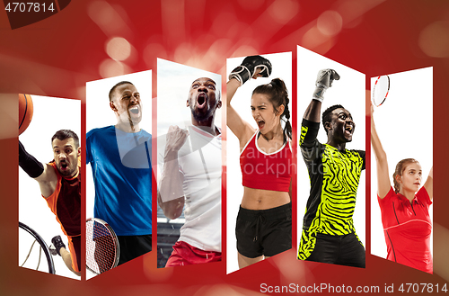 Image of Young sport team against red background, collage