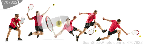 Image of Young tennis player against white background, collage