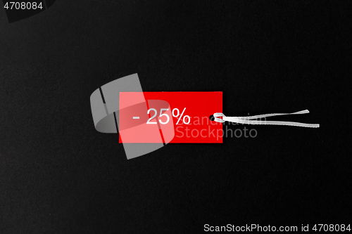 Image of red tags with discount signs on black background