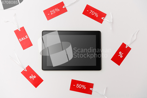 Image of tablet computer and red tags with discount signs