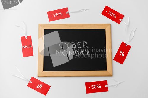 Image of chalk board with cyber monday words and sale tags