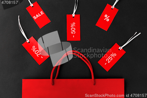 Image of red shopping bag and tags with discount signs