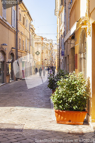 Image of Macerata, Italy - February 21, 2021: People enjoying sunny day.