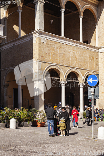 Image of Macerata, Italy - February 21, 2021: People enjoying sunny day.