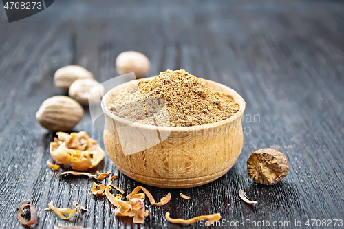 Image of Nutmeg round in bowl on wooden board