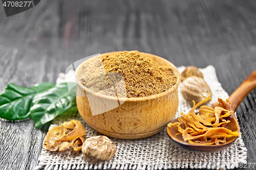 Image of Nutmeg round in bowl and mace in spoon on burlap