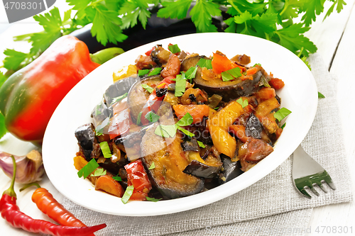 Image of Ragout with eggplant and pepper on board