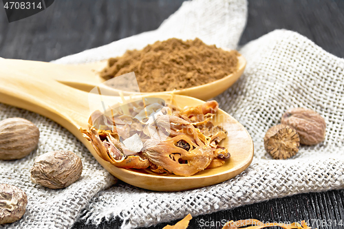 Image of Nutmeg round and mace in spoons on wooden board