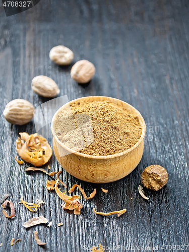 Image of Nutmeg round in bowl on black board