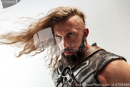 Image of Man in cosplaying Thor isolated on white studio background