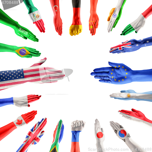 Image of Hands colored in flags of participating countries of The Group of Twenty