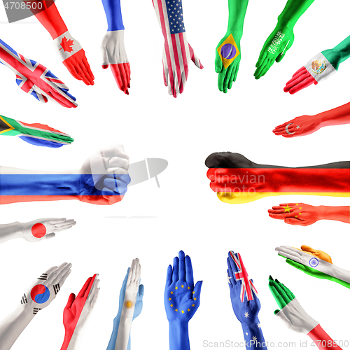 Image of Hands colored in flags of participating countries of The Group of Twenty