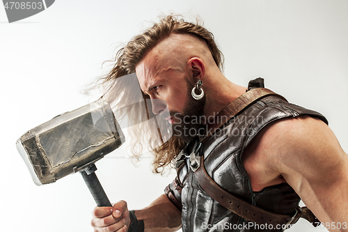 Image of Man in cosplaying Thor isolated on white studio background