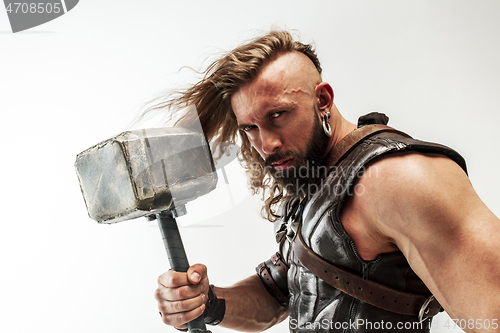 Image of Man in cosplaying Thor isolated on white studio background