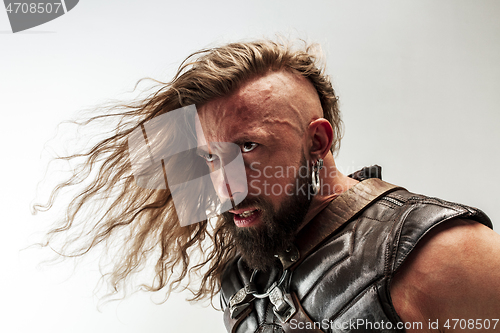 Image of Man in cosplaying Thor isolated on white studio background