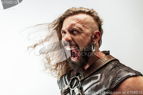 Image of Man in cosplaying Thor isolated on white studio background