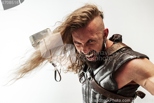 Image of Man in cosplaying Thor isolated on white studio background