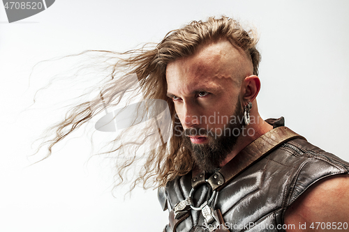 Image of Man in cosplaying Thor isolated on white studio background