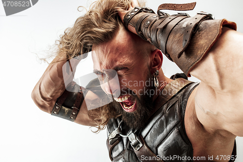 Image of Man in cosplaying Thor isolated on white studio background