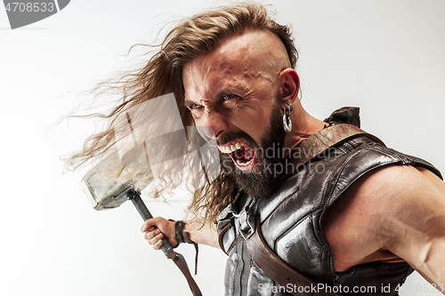 Image of Man in cosplaying Thor isolated on white studio background