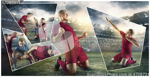 Image of Close up soccer ball in fire and football players. Creative collage