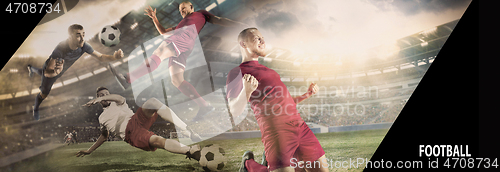 Image of Close up soccer ball in fire and football players. Creative collage