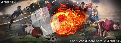 Image of Close up soccer ball in fire and football players. Creative collage