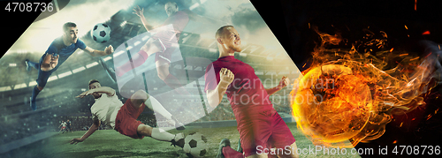 Image of Close up soccer ball in fire and football players. Creative collage