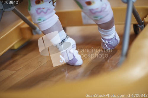 Image of baby learning to walk in walker