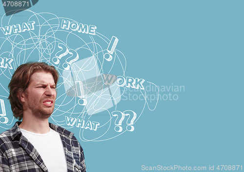 Image of Young caucasian man with mixed thoughts