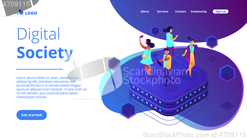 Image of Social network behavior isometric 3D landing page.