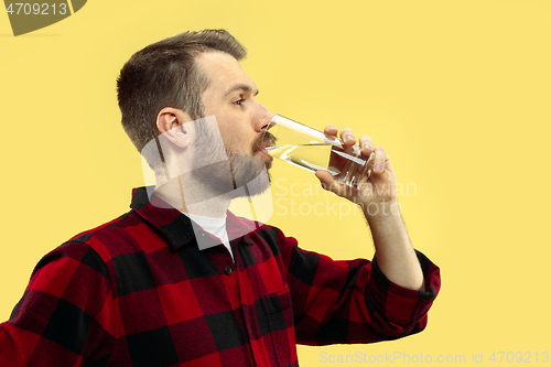 Image of Half-length close up portrait of young man on yellow background.