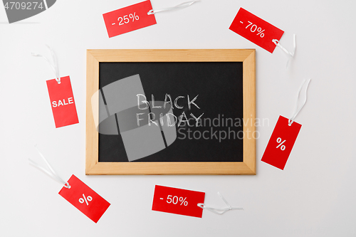 Image of chalk board and red tags with discount signs