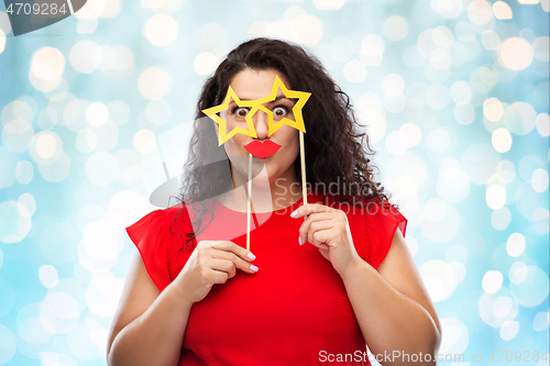 Image of funny woman with star shaped glasses and red lips