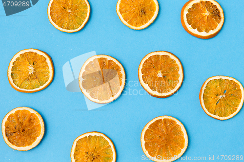 Image of dried orange slices on blue background