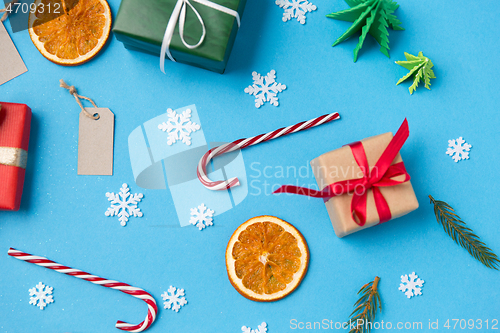 Image of christmas gifts, tags and decorations