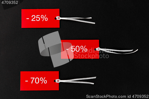 Image of red tags with discount signs on black background