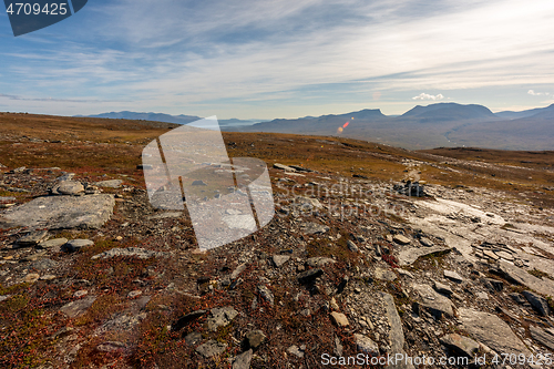 Image of Autumn landscape with a view of Lapporten. Northern Sweden