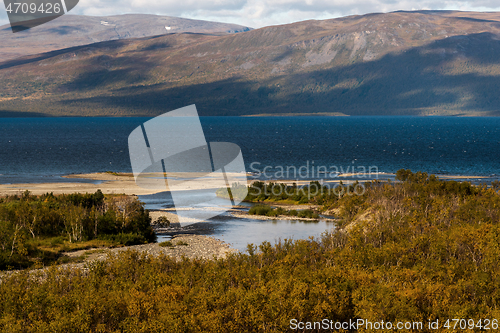 Image of Landscape with Tornetrask lake and mountains, Norrbotten, Sweden