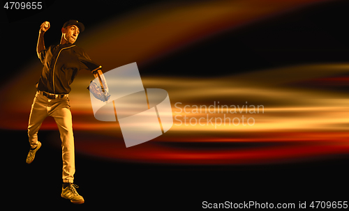 Image of One caucasian man as baseball player or pitcher playing against dark neon background