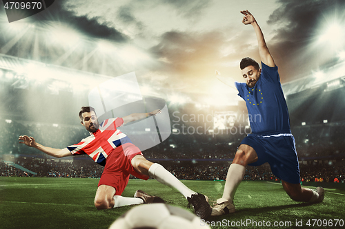 Image of Football or soccer players colored in United Kingdom and European Unity flags