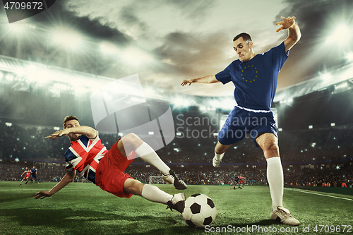 Image of Football or soccer players colored in United Kingdom and European Unity flags